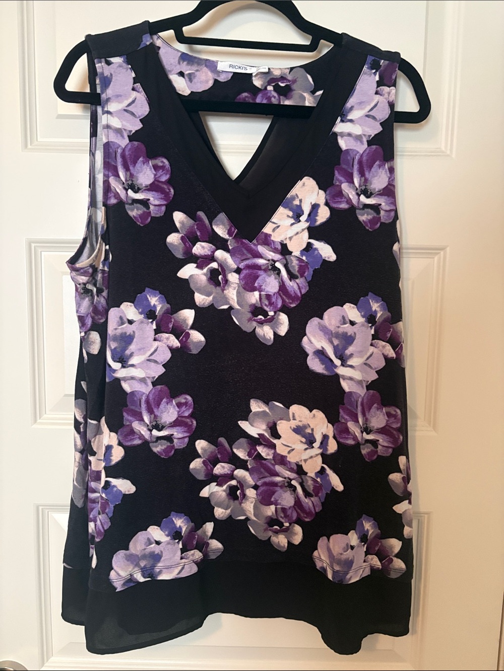 Ricki's Black Sleeveless V-Neck Top with Purple Floral Print